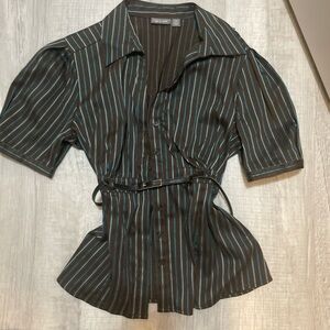 Y2KApt. 9 Black Button-Front Short Sleeve Shirt with Teal Stripes and Waist Belt